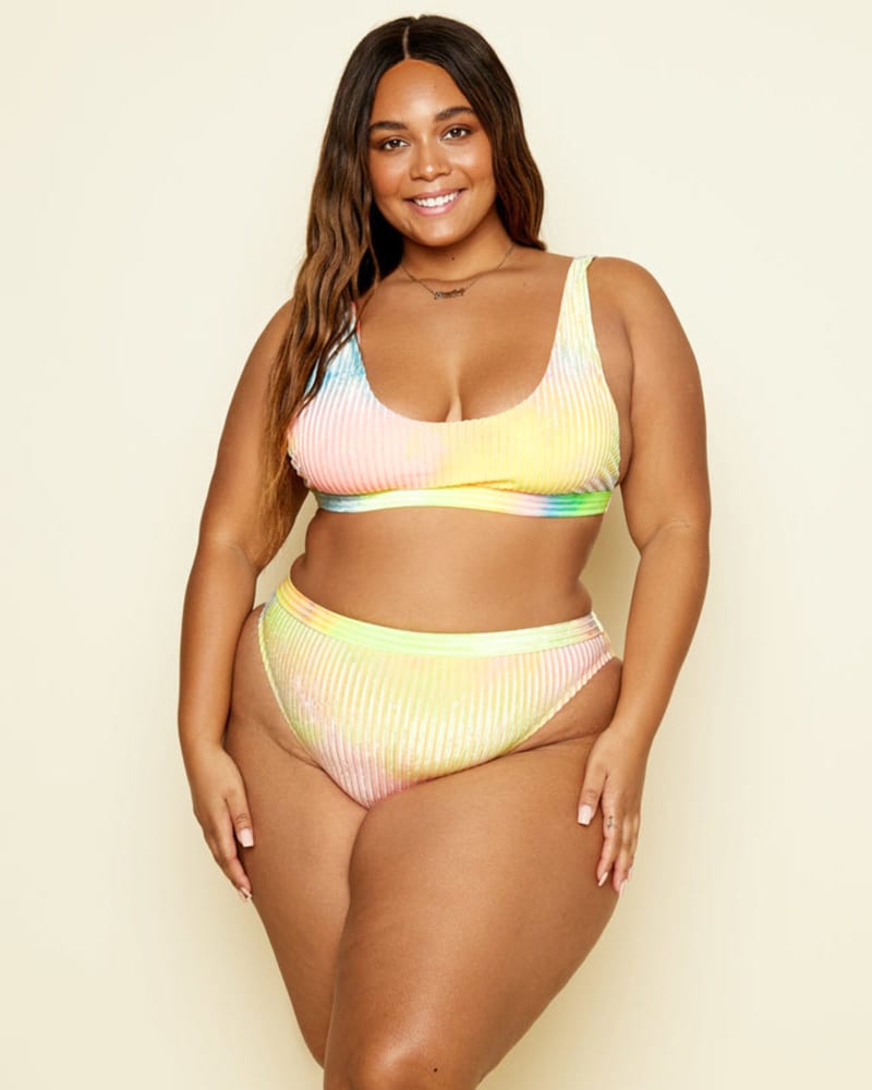 Front of a model wearing a size L Ultra Bottom in Candy Tie Dye by Dippin' Daisy's Swimwear. | dia_product_style_image_id:272257